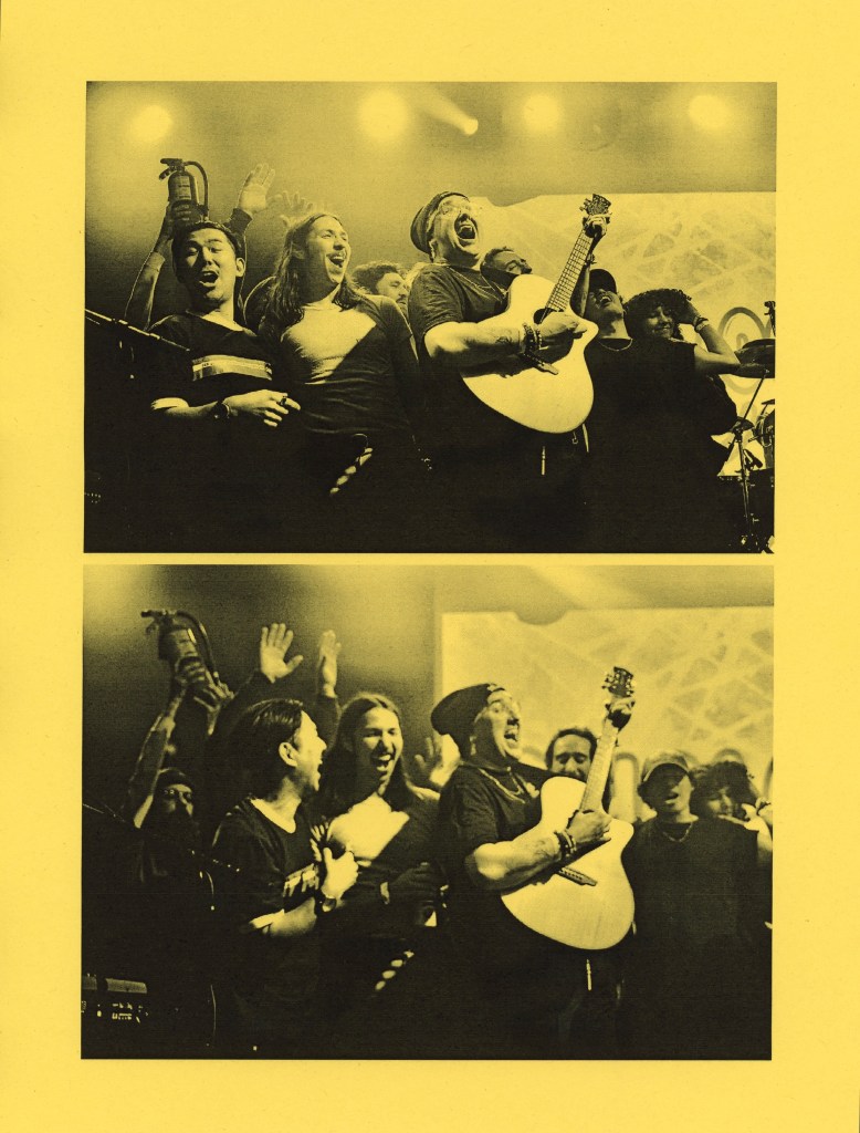 Halogens band plays happily on stage with yellow filter
